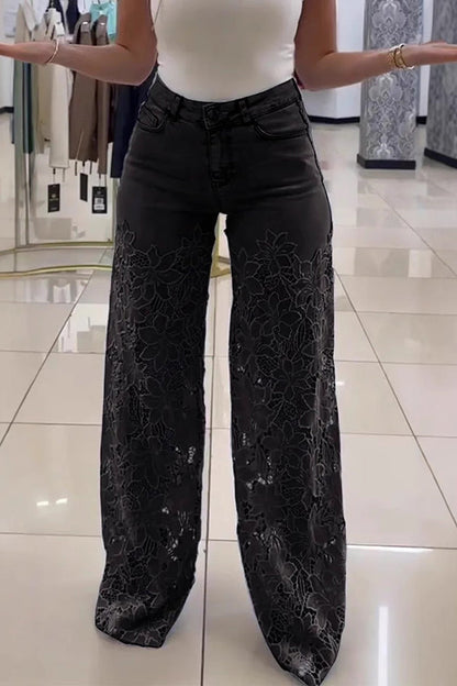Hollow Lace Stitching Pocket Denim Wide-leg Pants