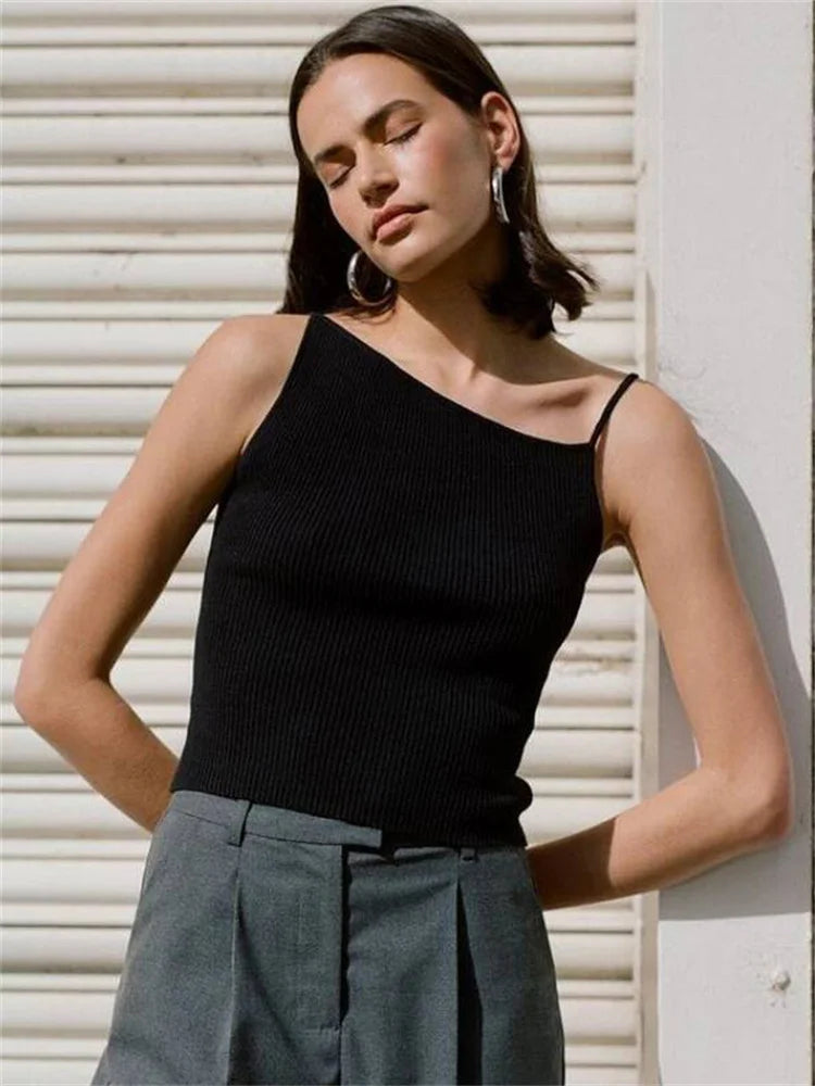 Black Ribbed T-shirt Top for Pullover Spaghetti Patchwork Sleeveless Summer Slim Body Top Female