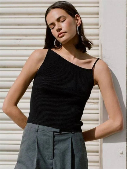 Black Ribbed T-shirt Top for Pullover Spaghetti Patchwork Sleeveless Summer Slim Body Top Female