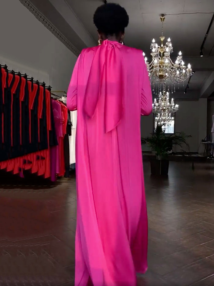 Flared Sleeves Long Sleeves Color High-neck Maxi Dresses