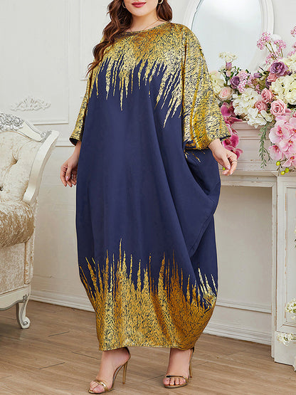 Batwing Sleeves Long Sleeves Contrast Color Printed Round-neck Maxi Dresses