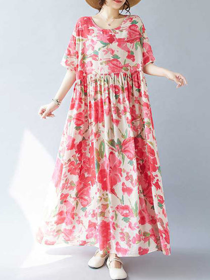 A-line Batwing Sleeves Flower Print Pleated Split-joint Round-neck Midi Dresses