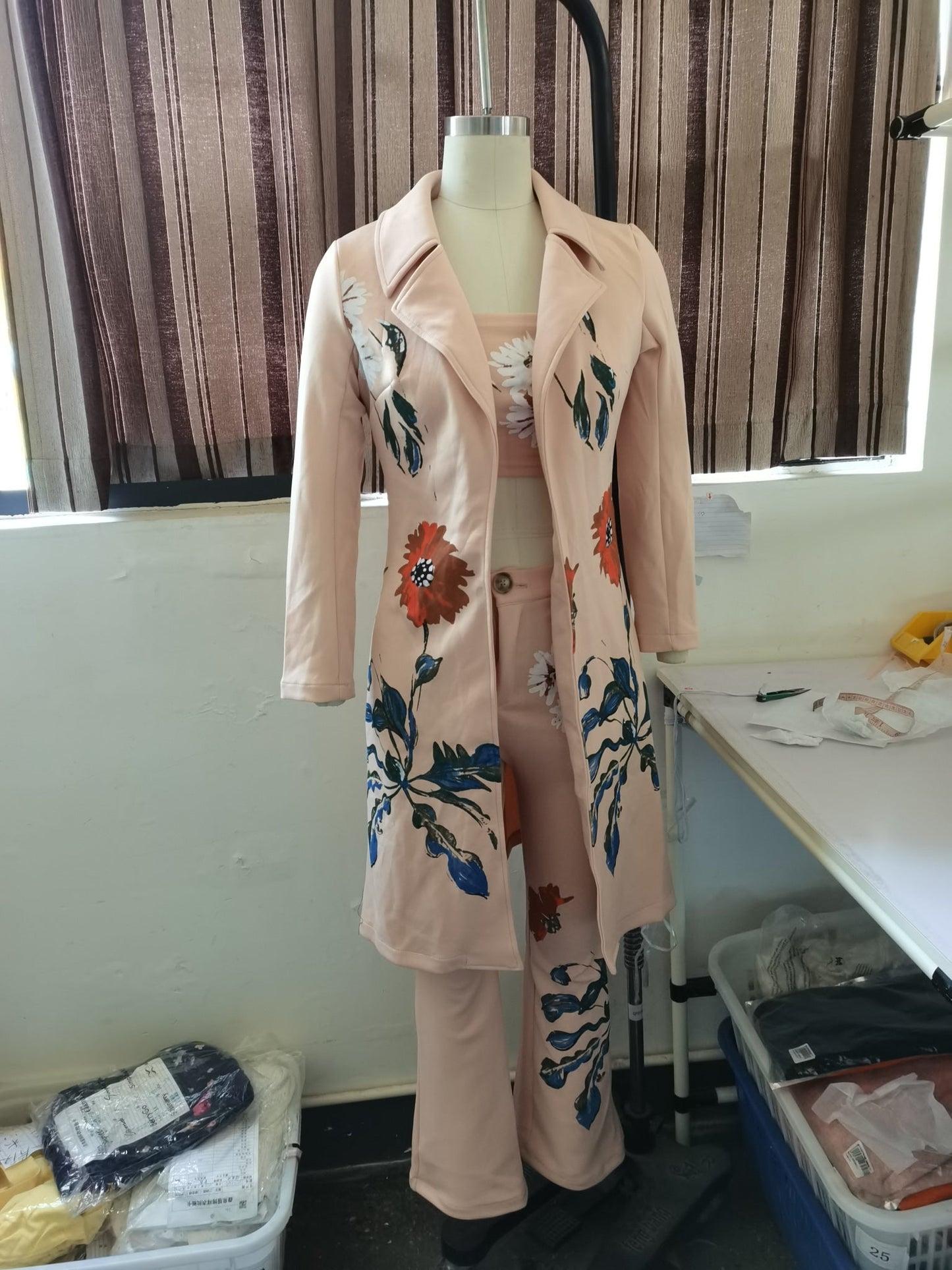 Clothing Autumn Winter Long Print Trench Coat Coat Set