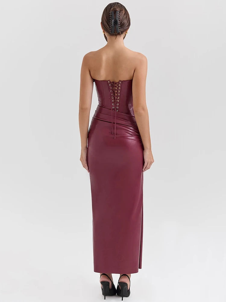 Wine Red Strapless Pu Leather Maxi Dress Off-shoulder Backless Lace-up Bodycon Club Party Long Dress