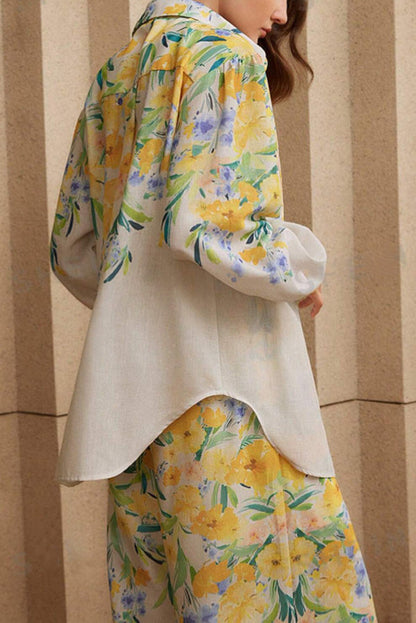 Print Lapel Long Sleeve Shirt and Elastic Waist Pocket Wide Leg Pants Set