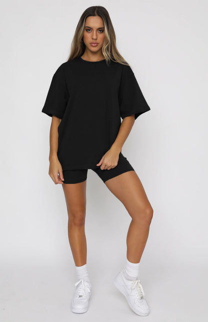 Summer Color Short Sleeve Round Neck Pullover Top Urban Shorts Suit