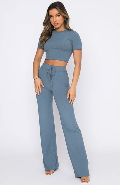 Set Color High-elastic Body Shaping Short Sleeve Sunken Stripe Wide Leg Pants Two-piece Set