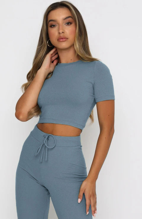 Set Color High-elastic Body Shaping Short Sleeve Sunken Stripe Wide Leg Pants Two-piece Set