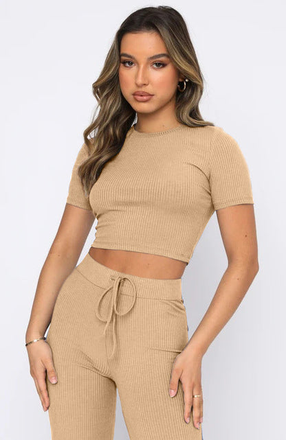 Set Color High-elastic Body Shaping Short Sleeve Sunken Stripe Wide Leg Pants Two-piece Set