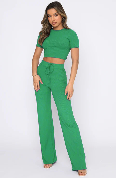 Set Color High-elastic Body Shaping Short Sleeve Sunken Stripe Wide Leg Pants Two-piece Set
