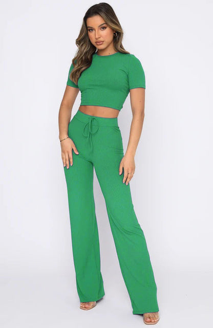 Set Color High-elastic Body Shaping Short Sleeve Sunken Stripe Wide Leg Pants Two-piece Set