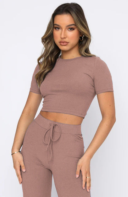 Set Color High-elastic Body Shaping Short Sleeve Sunken Stripe Wide Leg Pants Two-piece Set