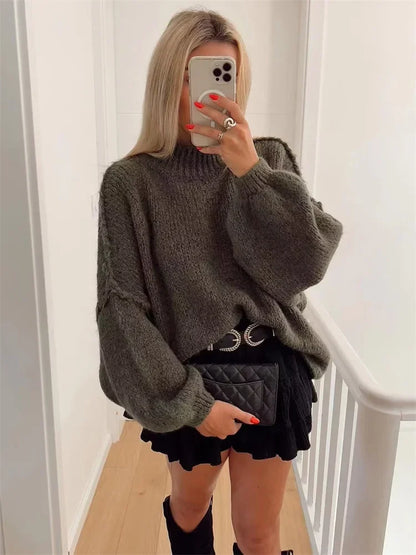 Autumn Knit Sweater Pullover Female Loose Turtleneck Patchwork Oversized Sweater Knitwear High Street Pullover