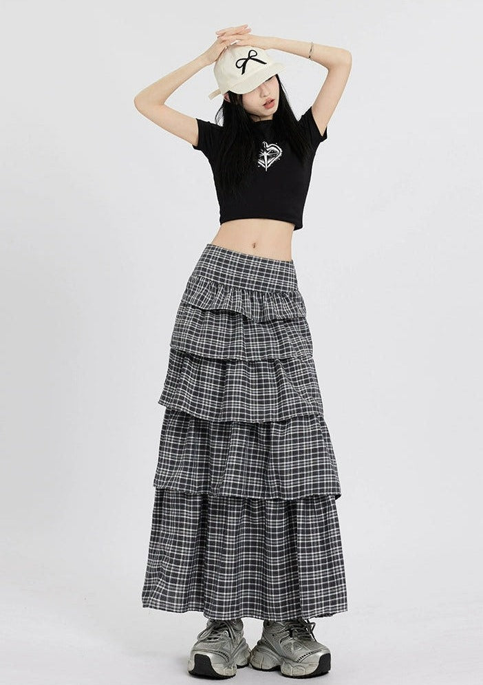 Plaid Tiered Maxi Skirt