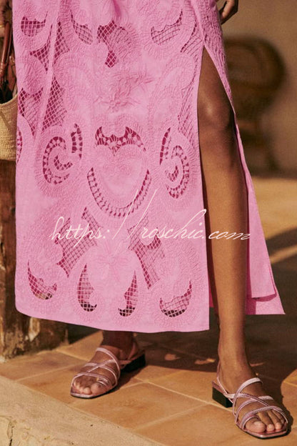 Look Cutout Embroidery Lace High Rise Slit Maxi Skirt