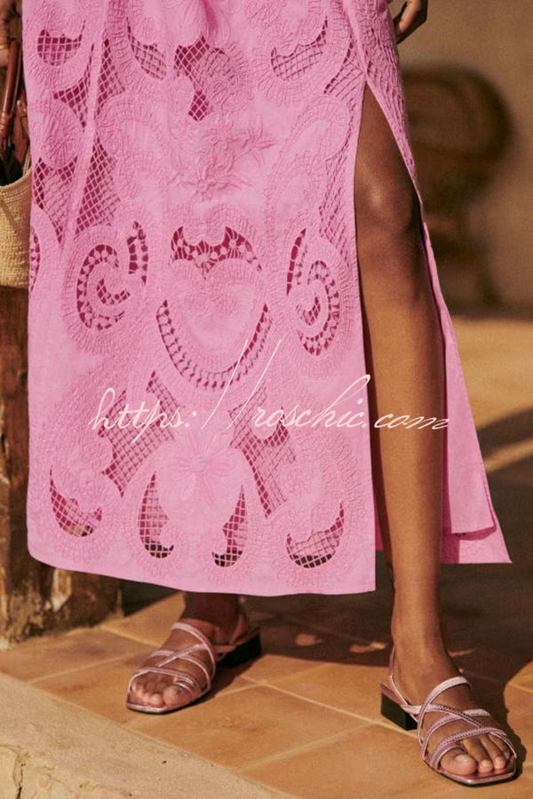 Look Cutout Embroidery Lace High Rise Slit Maxi Skirt