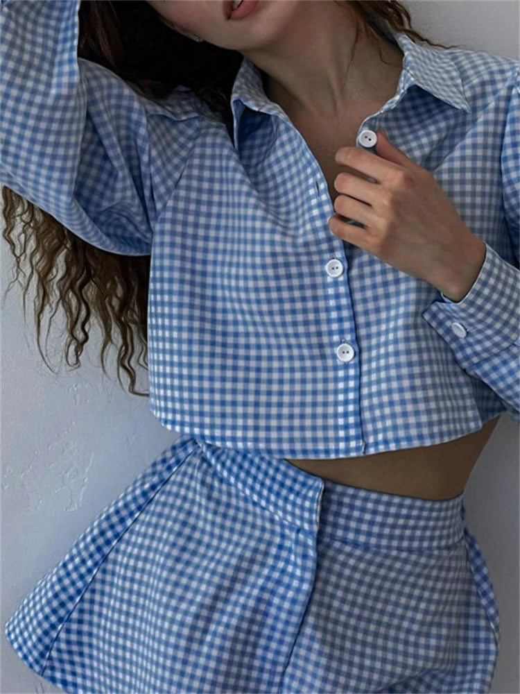 Ol Outfits Two Piece Set Plaid Long Sleeve Shirts High Wasit Wide Legs Shorts Korte Suits Outfits 2 Piece