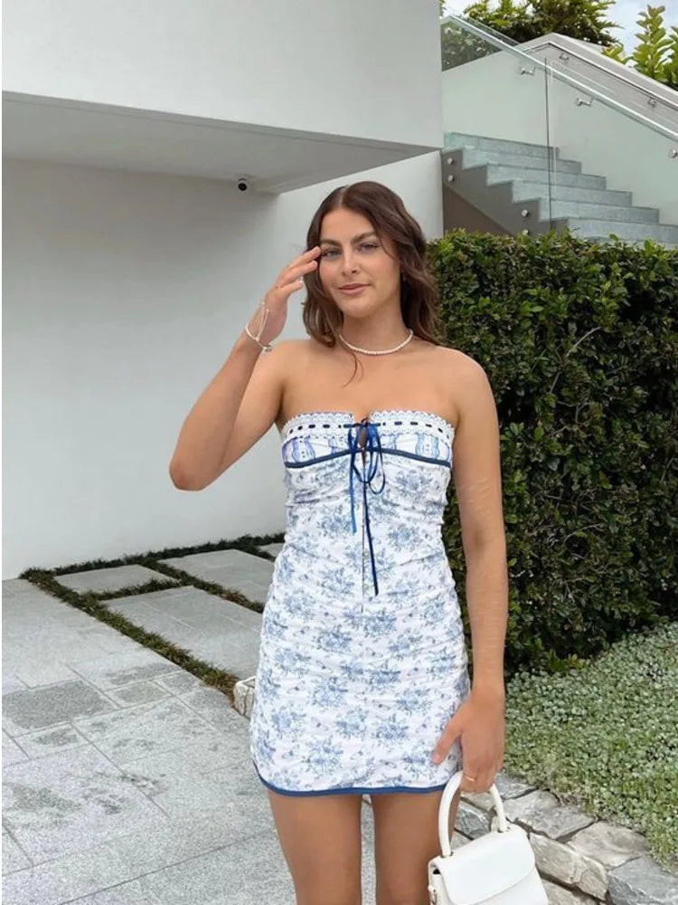 Julissa Mo Printed Vacation Dress Off-shoulder Blue Metal Button Spring Skinny Outside Female Mini Dresses