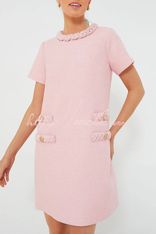 Confident and Tweed Fabric Braided Trim Button Shift Mini Dress
