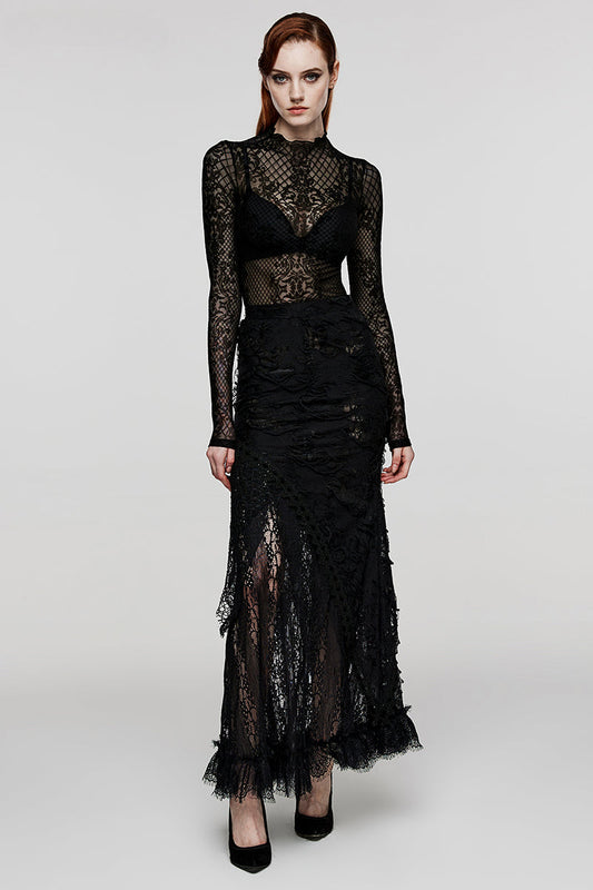 Gothic Ripped Knit Lace Long Dark Feel Club Hallowmas Black Skirt