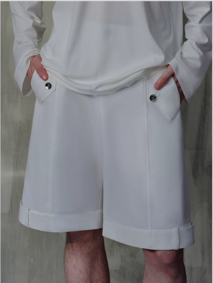 B&w Structured Belted Shirt & Shorts Set