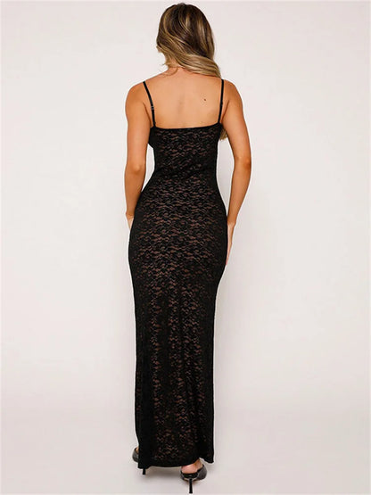 Lace Hollow Out Backless Maxi Dress Slim V-neck See-through High Street Summer Party Dress Slim Dress