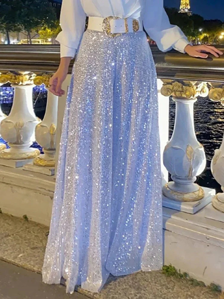 Splice Sequins Maxi Dresses for Folds Loose V Neck Dress Femme Party Evening Dresses
