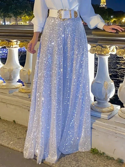 Splice Sequins Maxi Dresses for Folds Loose V Neck Dress Femme Party Evening Dresses