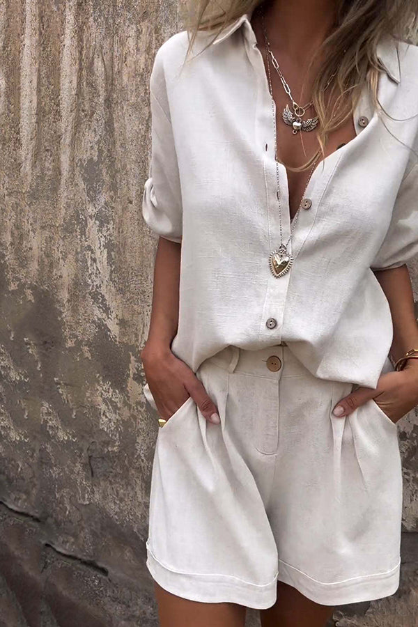 Linen Blend Color Button Lapel Short Sleeve Shirt and Pocket Shorts Set