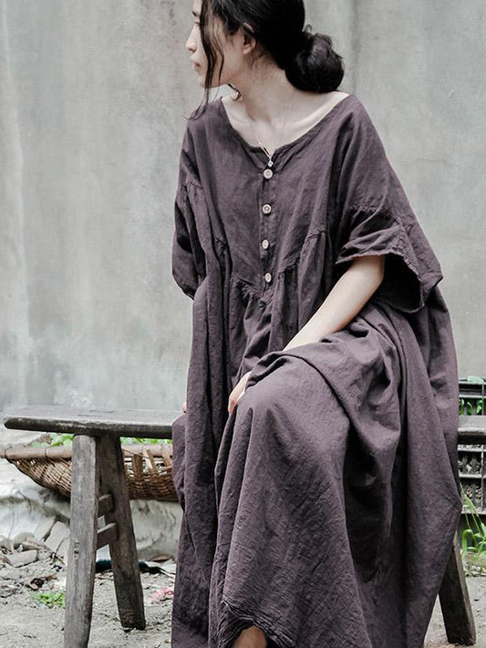 Gray Color Ramie Cotton Long Dress