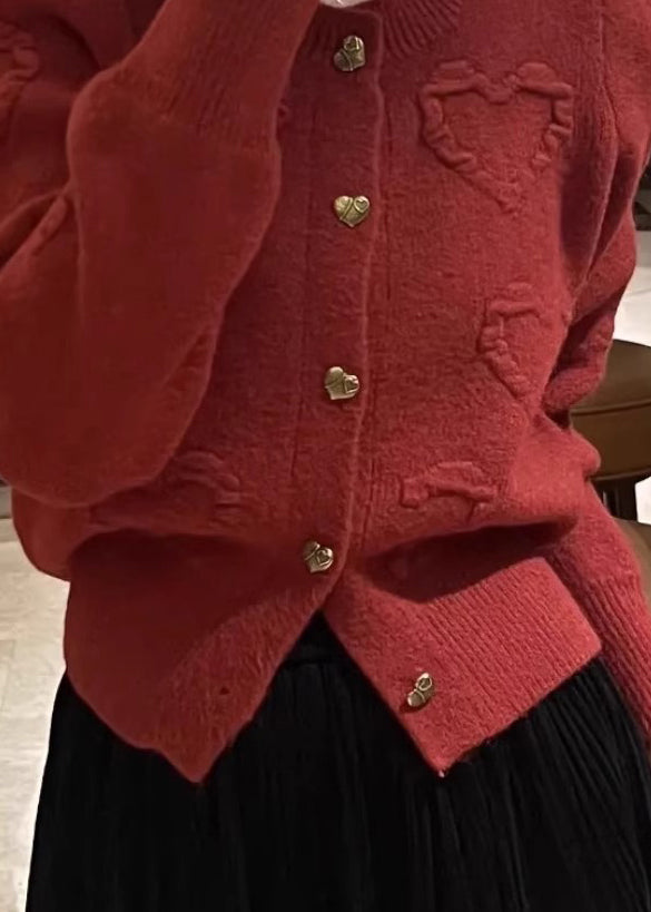 Red O Neck Button Knit Cardigan Fall Qx024