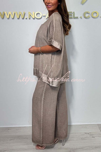 Fashionable V-neck Short-sleeved Loose Top and Elastic Waist Wide-leg Pants Set