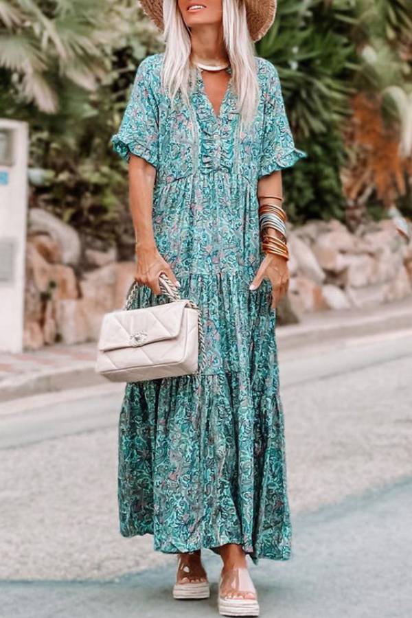Sky Blue Paisley Print Split V Neck Tiered Maxi Dress
