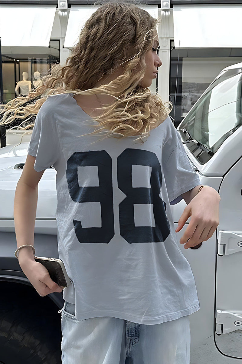 Loose Number Print Off Shoulder Crew T-shirt