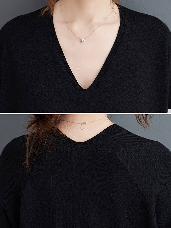 Loose Black V-neck Contrast Color Striped Long Sleeve Knit Sweater An1035