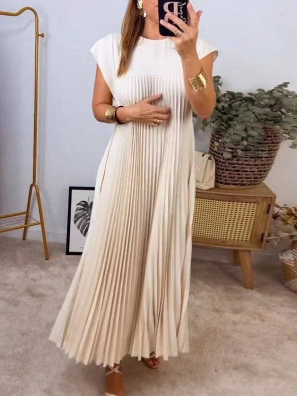 A-line High Waisted Pleated Pockets Color Split-joint Round-neck Maxi Dresses