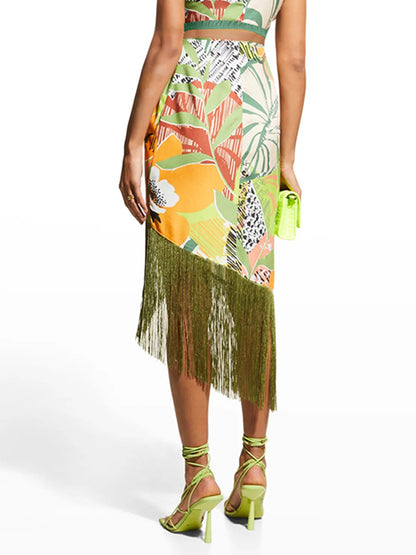 Print Fringe Swimsuit and Skirt