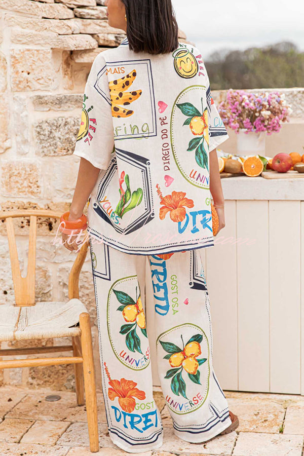 Summer Plant Fruit Print Short Sleeve Shirt and Elastic Waist Loose Wide Leg Pants Set