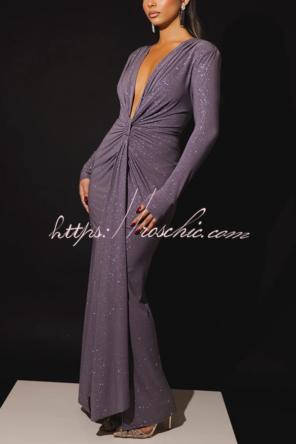 Color Shiny V-neck Long Sleeve Ribbon Slit Slim Fit Maxi Dress