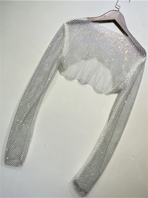 Sparkly Crystal Crop Tops for Fishnet Hollow Out See Through Cropped Coat Evening Night Club Top Party Wear