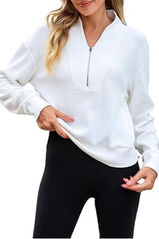 Waffle Zipper V-neck Pullover Long-sleeved Sweater