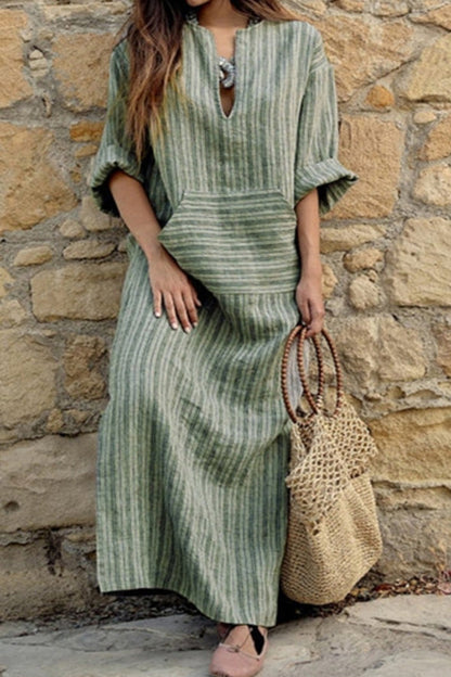 Cotton and Linen Yarn-dyed Striped Loose Long Dress