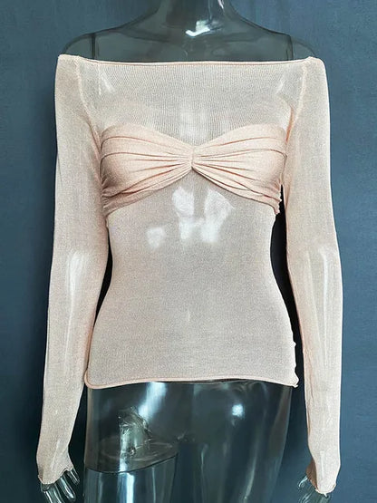 Long Sleeve Shoulder Gauze T-shirts Slim Versatile T-shirt Spring Female Off Shouler Tops