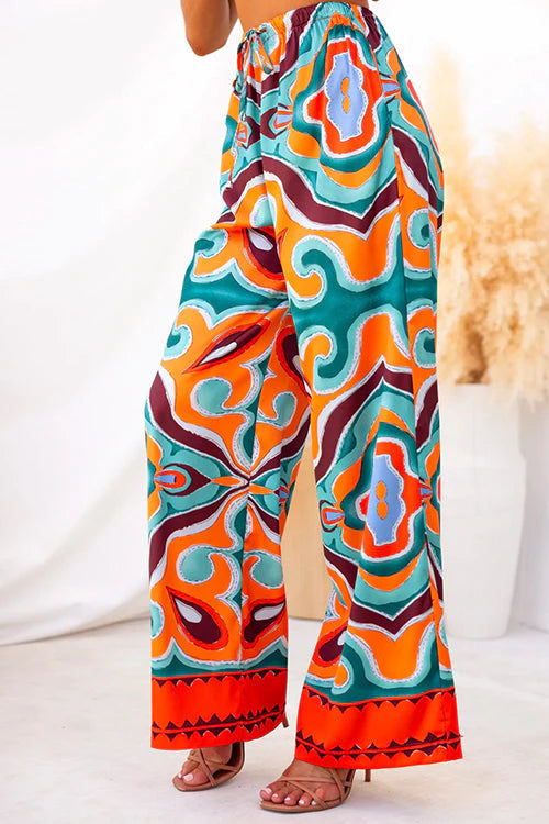Oh So Satin Abstract Print Satin Elastic Waist Pocketed Wide Leg Pants
