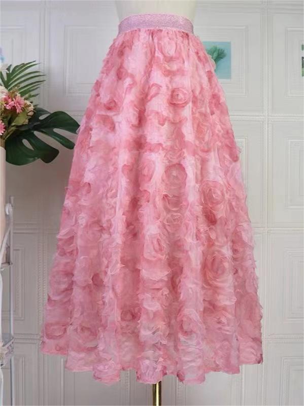 Sakura Gradient Pink Embroidered Elastic Waist Tulle Maxi Skirt