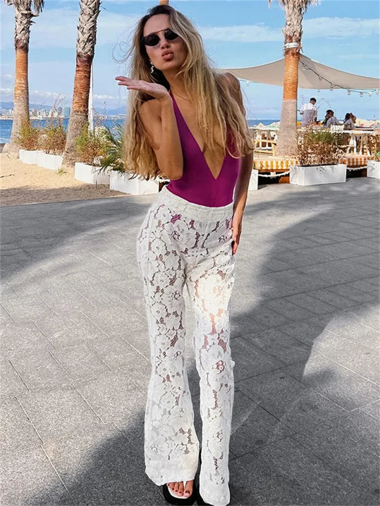 White Printed High Waist Straight Legg Patchwork Hollow Out Lace Pants Summer