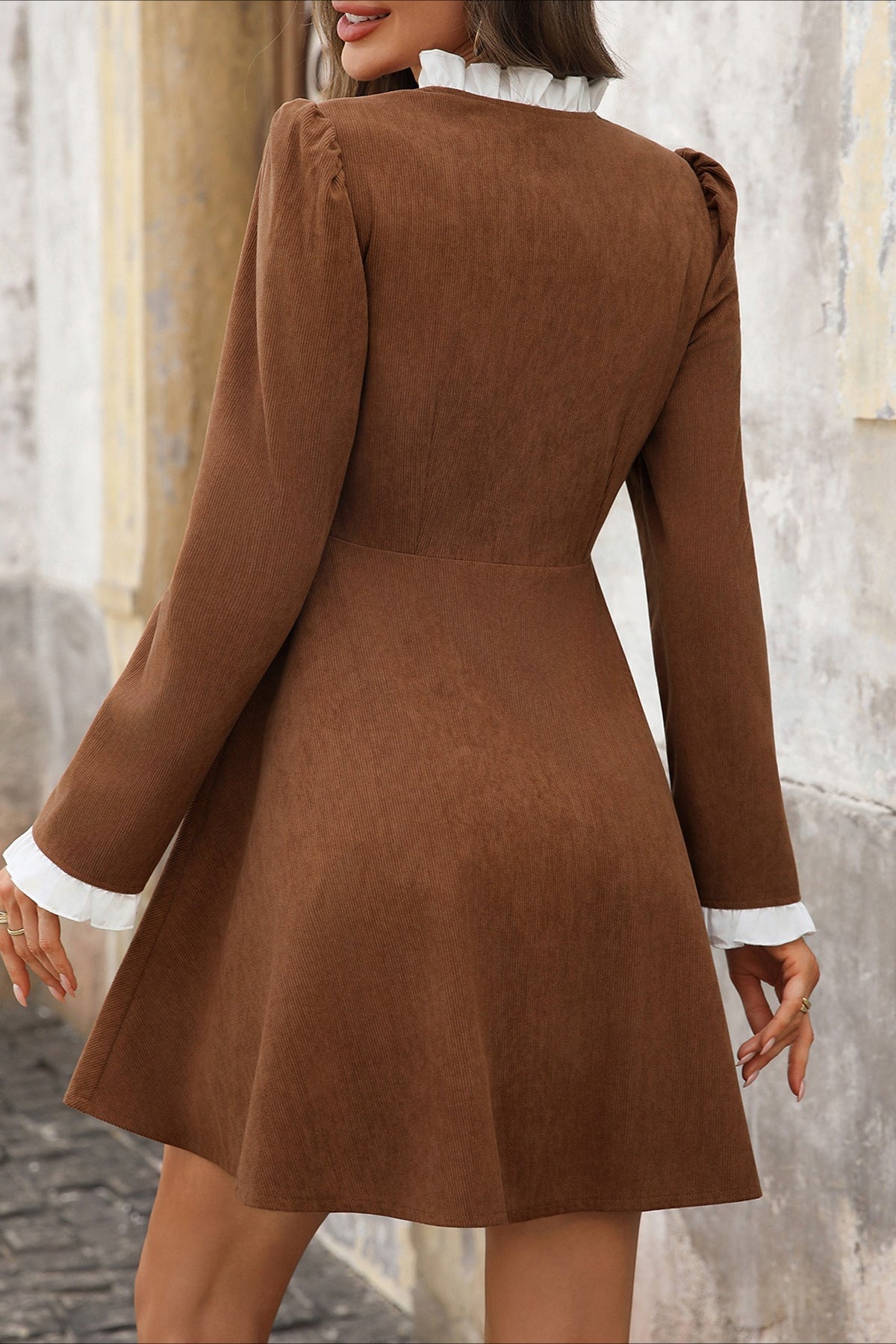 Corduroy Ruffled Long Sleeve Mini Dress