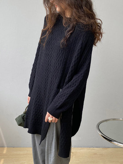 Retro Oatmeal Round-neck Split-side Long Sleeve Twist Knit Sweater An1045