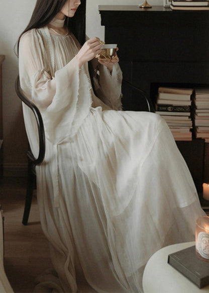 White Wrinkled Silk Cotton Long Dress Flare Sleeve Tt1050