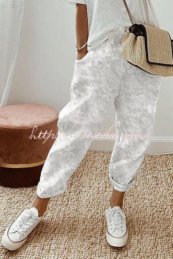 Wishing for It Cotton Linen Patchwork Flower Elastic Waist Pocketed Pants